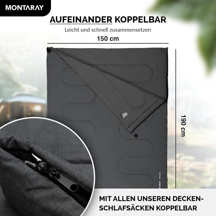 MONTARAY® 100% Cotton Sleeping Bag - Warm Outdoor Winter & Summer Sleeping Bag for 3-4 Seasons - Includes Pillow - Hut Sleeping Bag for Men & Women (75x190cm) - Grey