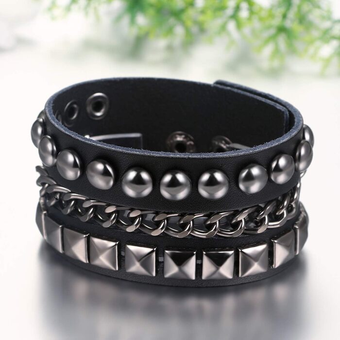 Чоловічий шкіряний браслет JewelryWe Punk Rock з заклепками, регульований, чорний/коричневий