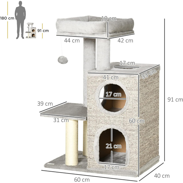 Дім-кігтеточка PawHut для котів, 230-250 см, з гамаком, регульована висота, захист від перекидання, плюш, сірий+кремовий