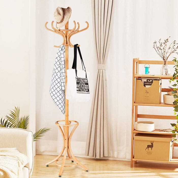 COSTWAY 184cm Wardrobe Rack with Umbrella Holder, Coat Rack with 12 Clothes Hooks, Clothes Rack made of Wood, Freestanding Wardrobe for Entryway, Living Room, and Bedroom (Natural)