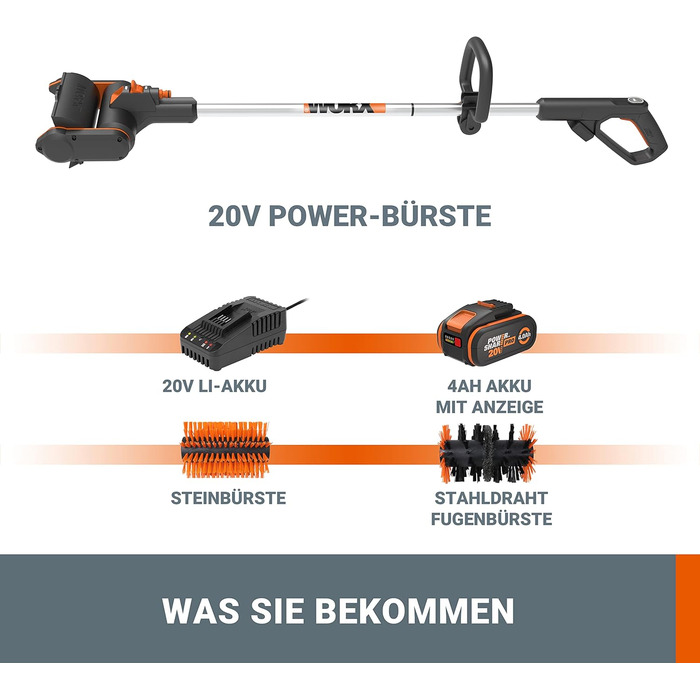 WORX WG441E.9 20V Cordless Multi-Brush - multifunctional surface brush for cleaning stone & wood surfaces & removing weeds - integrated water connection - PowerShare compatible - without battery & charger (includes 4Ah battery & charger)