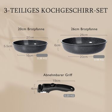 Набір сковорідок GiPP Keramik 3 шт. з знімними ручками, антипригарне покриття, для всіх типів плит, індукція, сумісний з духовкою, PTFE/PFOA/PFOS-free, чорний