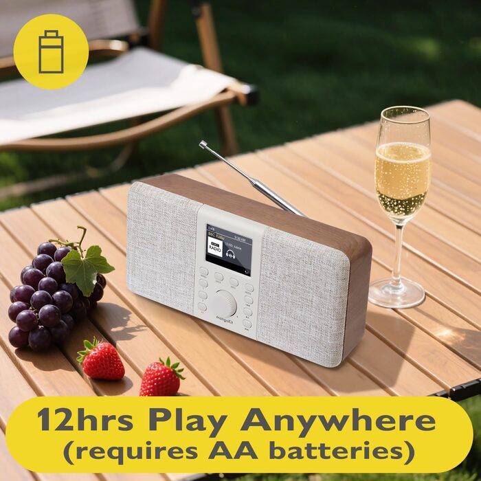 MD5 Стерео Радіо DAB з Bluetooth 5.3 та 2.4' дисплеєм, Портативне цифрове радіо UKW, Стереозвук 2.0, 40 місць пам'яті, Будильник, Повторний будильник та режим сну, USB-C живлення (мережа або батарея) (Волоський горіх)