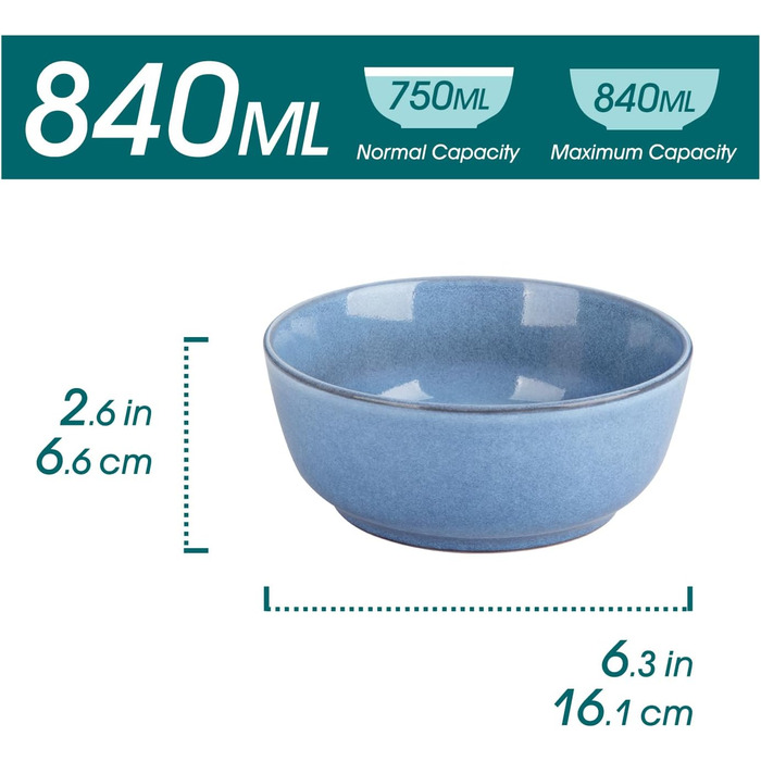 Набір мисок для мюслі vancasso ANYA на 6 осіб, блакитні, 16.1 см, з кераміки, 840 мл, стійкі до подряпин, для мікрохвильової печі та посудомийної машини