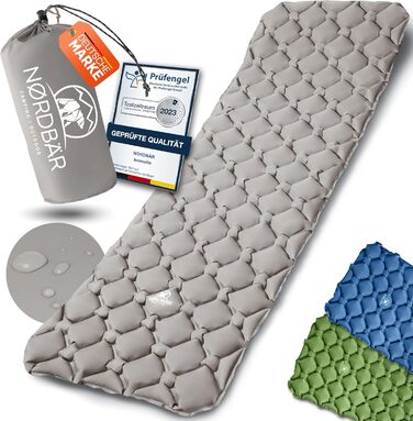 Nordbär Inflatable Camping Sleeping Pad - Ultralight & Compact | Air Mattress for Camping, Outdoor Use & Tent | Grey Sleeping Pad with or without Pillow