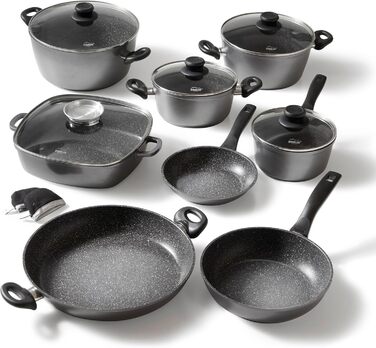 STONELINE Induction Cookware Set, 13-piece cookware set with lids, saucepan set coated with real stone particles, cast aluminum pots and pans suitable for all cooktops