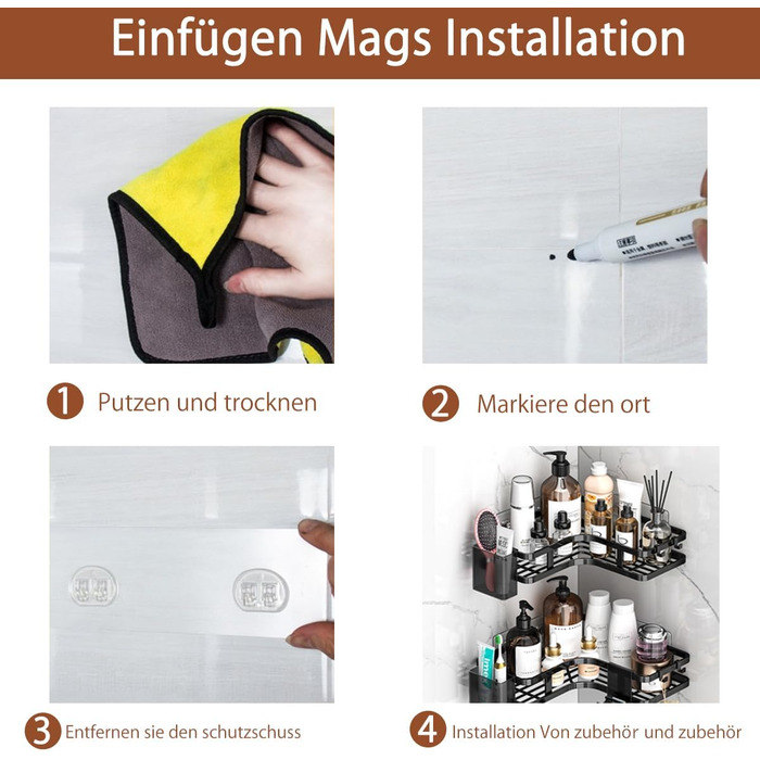 Поличка для душу без свердління, кутова, 2 шт. Органайзер для ванної кімнати з 4 гачками, чорний. Поличка для шампуню в душ, аксесуари для душу