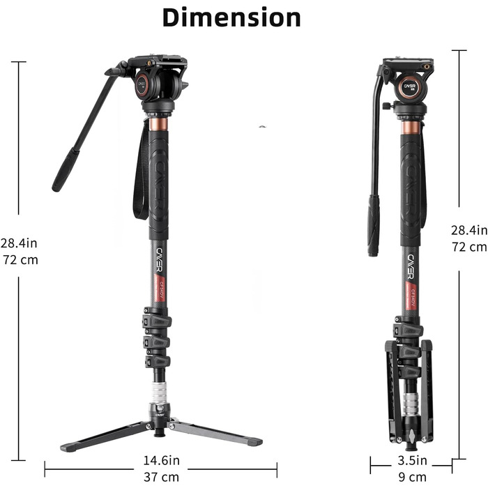Штатив для камери Cayer CF34 з вуглецевого волокна, 180.3 см, професійний монопод для відеозйомки з відео-рідинною головкою та розкладною опорою для DSLR та відеокамер
