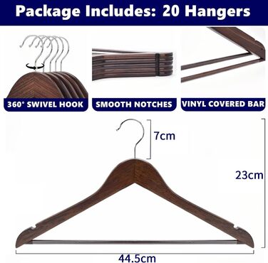 Amber Home 20-Piece 17.5-inch Retro Wooden Clothes Hangers with Bar and Notch, Antique Brown Hanger for T-Shirt, Shirt, Suit, Coat, Dress, Wedding, Camisole