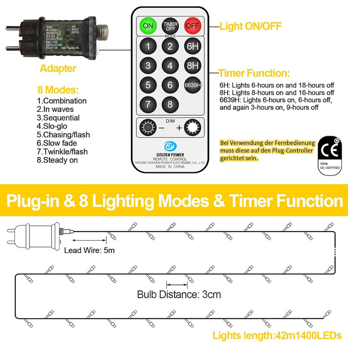 Льо́хка гірлянда 1400 LED для дому та саду: 8 режимів, пульт, таймер, вологостійка, тепле світло, для декору вечірок, свят, ялинки