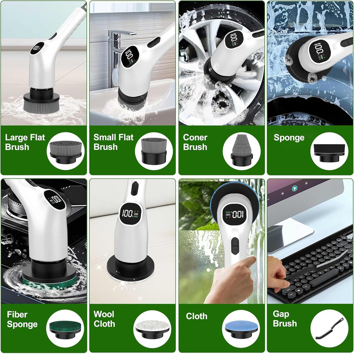 Електрична щітка для чищення з 7 насадок, IPX7 водонепроникна, регульована ручка, для ванної кімнати (біла)