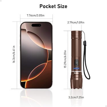 LED ліхтарик Blukar з регулюванням температури світла, 2000L, зум, 10 режимів, водонепроникний, для кемпінгу та активного відпочинку (колір: коричневий)