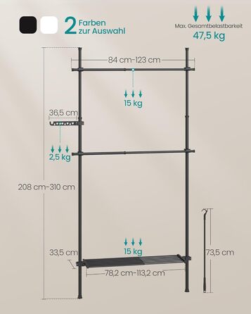 SONGMICS Telescopic Rod Clothes Rack, 3-Tier Wardrobe, Height and Width Adjustable, Open Closet with 2 Clothes Rods and Removable Shelf, Gripper Arm, Matte Black HSR136B01