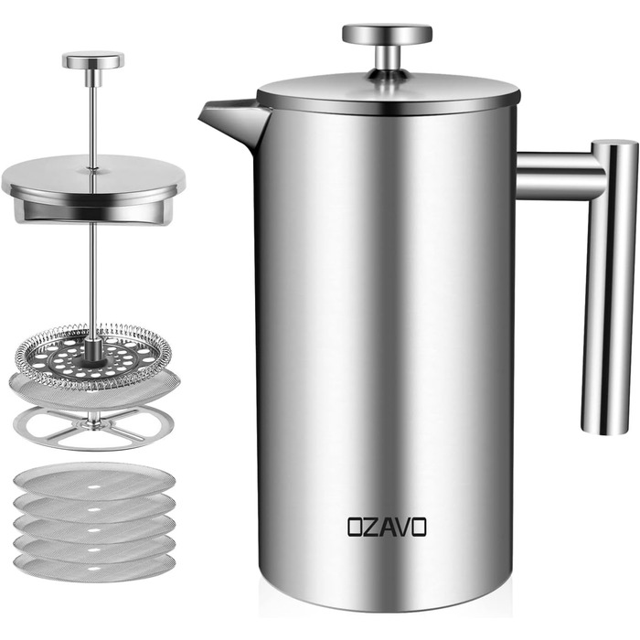 1L Coffee Maker French Press Stainless Steel Thermo with 5 Stainless Steel Filters Double-Walled Insulated System with Two-Layer Construction 1000ML