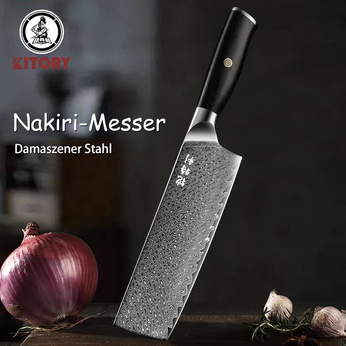 Ніж кухонний Kitory Damastmesser 20 см Pro з 73 шарів дамасткової сталі 10Cr15CoMoV, з ручкою Pakkaholz (Nakiri Messer)