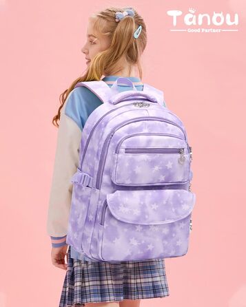 Шкільний рюкзак Tanou для дівчаток 3 шт. з ланч-боксом та пеналом, дихаючий, легкий, 22 літри, для 3-9 класів, фіолетовий зірковий принт