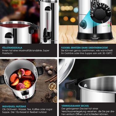 KESSER® 10L Stainless Steel Mulled Wine Warmer. Includes 10 Cups. Mulled Wine Cooker with Thermostat, Mulled Wine Dispenser, Hot Beverage Dispenser, Kettle, Hot Water Dispenser, Canning Device, Level Indicator, Tap.