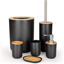 Bathroom Accessories Set - 6Pcs Bathroom Accessories Set made of Bamboo, Lotion Bottles, Toothbrush Holder, Tooth Cup, Soap Dish, Toilet Brush, Trash Can (Set of 6)