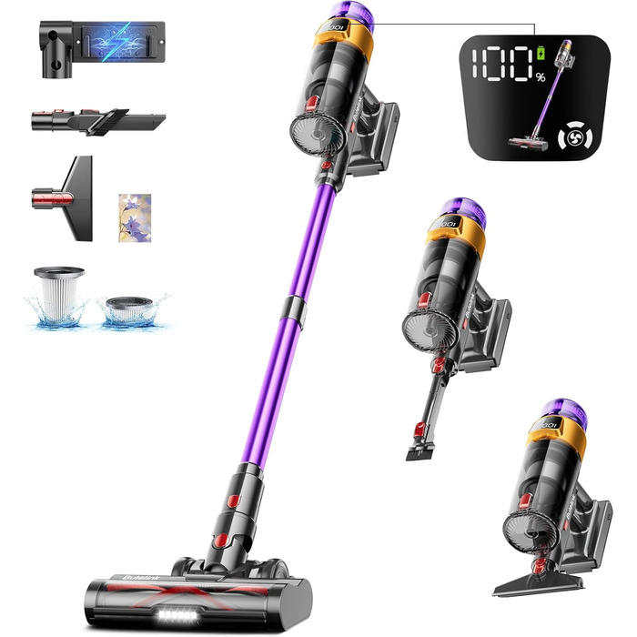 Бездротовий акумуляторний пилосос 45000 Па/550 Вт/70 хв, 1.8 л з OLED-екраном та антизаплутана насадка для підлоги, для твердих поверхонь, килимів, шерсті тварин