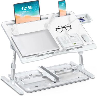 Столик для ноутбука Potuopy з регулюванням висоти та кута нахилу, X-Large, для роботи, читання та їжі на ліжку/софі, 60*40 см, білий мармур