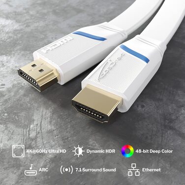 Плоский HDMI кабель KabelDirekt – 2 метри, 4K@60Hz, Ethernet, для Blu-ray, PS5/Xbox Series X/Switch, білий