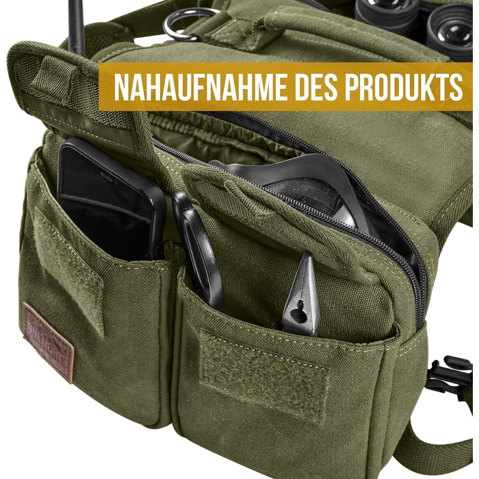 Шлейка для собак OneTigris з рюкзаком Hoppy Camper 3.0, зелена, для середніх/великих собак, рюкзак для собак з 2 основними та 4 додатковими кишенями