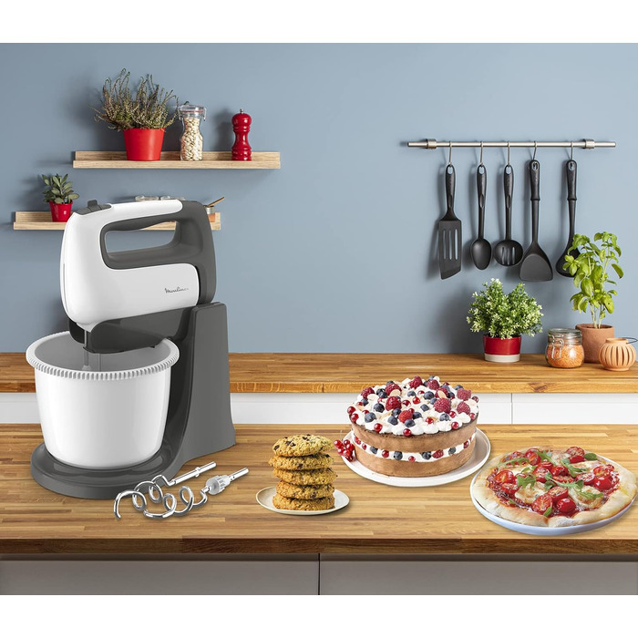 Moulinex HM4641 Prep'Mix+ electric hand mixer, with stainless steel whisk and dough hooks for stirring, whisking, and beating, self-rotating bowl with 2.5 l capacity, 5 speeds, and
