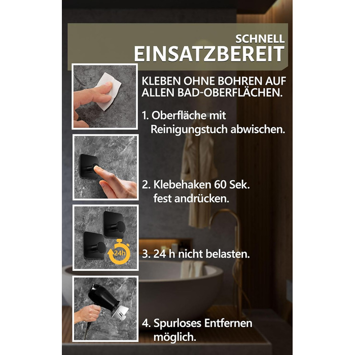 Набір гачків для рушників 4smile - 5 шт. без свердління, чорний колір, для ванної кімнати, самоклеючі, extra-strong, з 3M-клейкими панелями