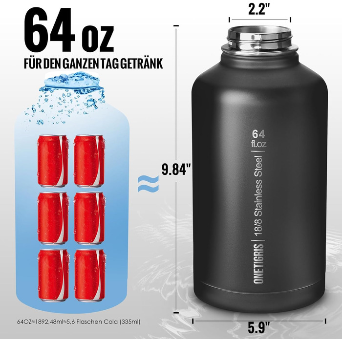 OneTigris Stainless Steel Water Bottle, 1.9L High Capacity, Insulated Sports Bottle for Cycling, Camping, Yoga, Gym, Softair, OD Green, 64oz (Black)
