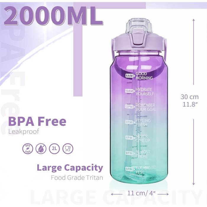 2L Tritan Water Bottle with Straw & Time Marker 2 liter BPA-free Motivational Water Bottle with Clock Large Sports Bottle for Gym, Fitness, Hiking (Transparent Purple / Green)