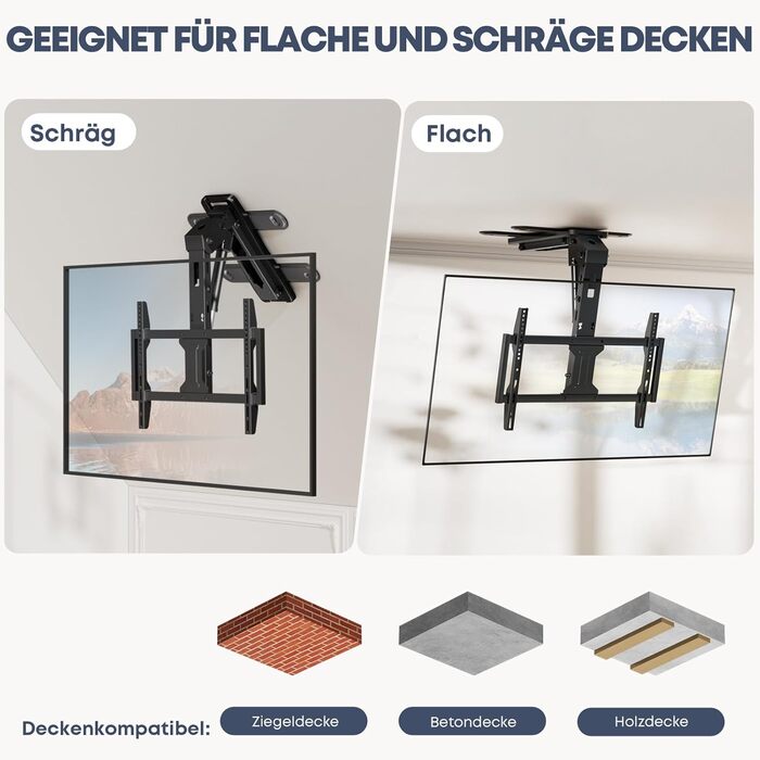 Електричний стельовий кронштейн для телевізора 37-75 дюймів, чорний - похилий, з пультом ДУ, до 45 кг