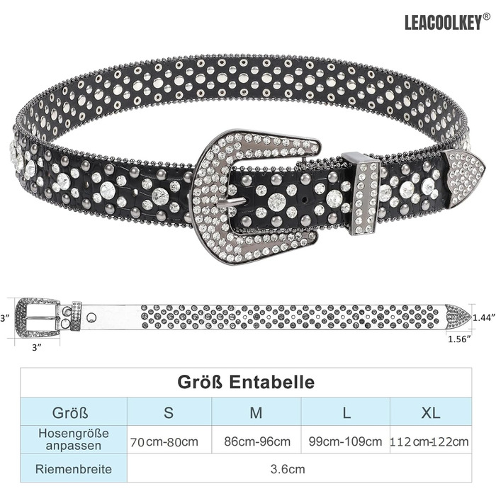 Стильний ремінь LEACOOLKEY з камінням та заклепками, жіночий та чоловічий, PU шкіра, для джинсів, чорний