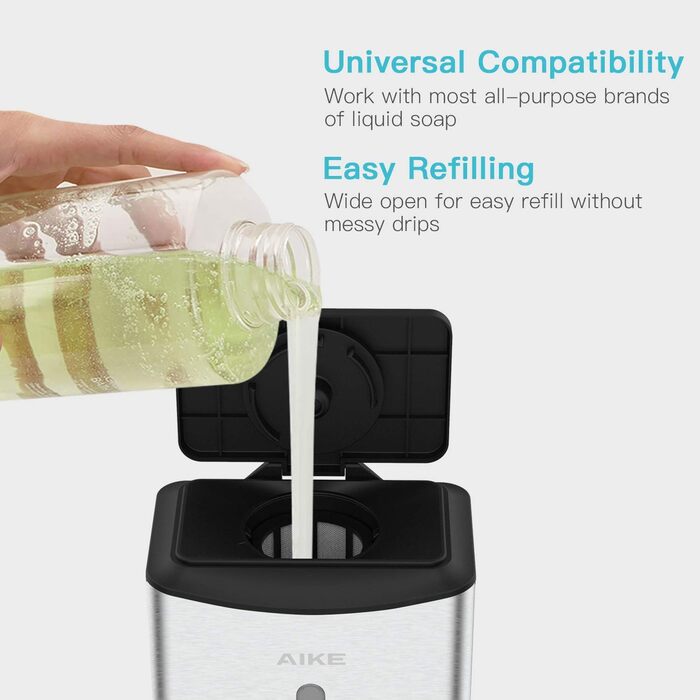 AIKE Automatic Stainless Steel Soap Dispenser - 1100ml Commercial Wall Mounted Soap Dispenser with Window, AK1206 Brushed Stainless Steel