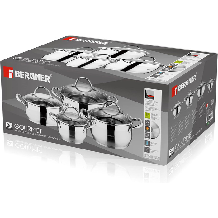 Bergner 8-Piece Cookware Set, Stainless Steel, Steel, TLG 3 Liter