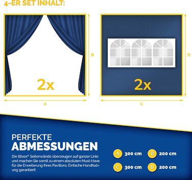 tillvex® for 3x3m Pavilion | Folding Pavilion Side Panels Water-Repellent | Side Windows & Zipper | Side Walls for Garden Tent Party Tent (4x Side Wall, Blue)