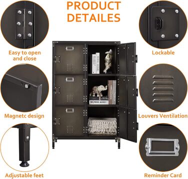 Metal locker with lockable doors, industrial steel cabinet for school, home, office, garage, H140*W38*D46 cm (6 doors)