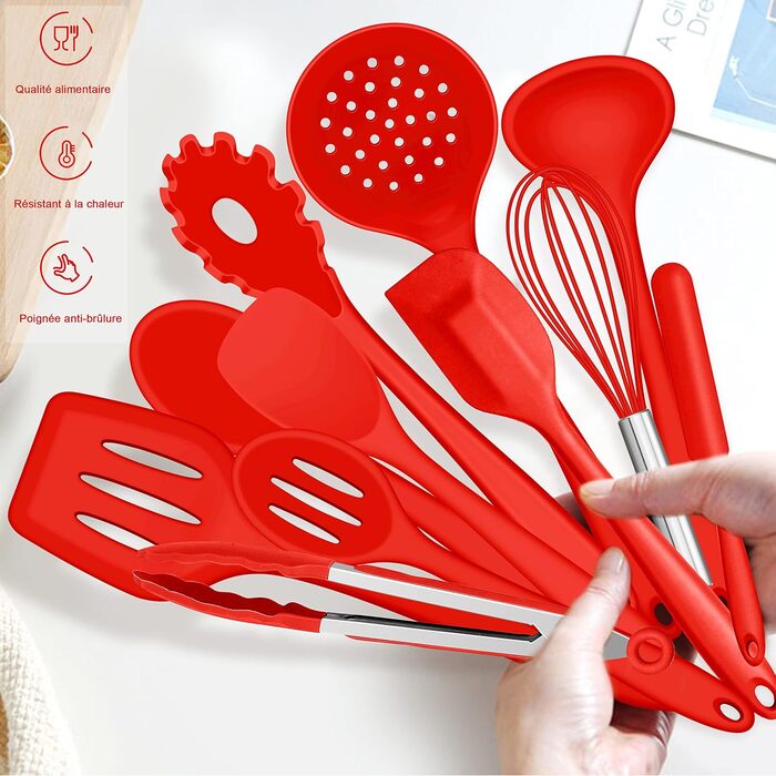 Набір кухонних аксесуарів Joyfair: 15 предметів з силікону, стійкий до нагріву, антипригарний, для посуду, з підставкою, миється в посудомийній машині (червоний)