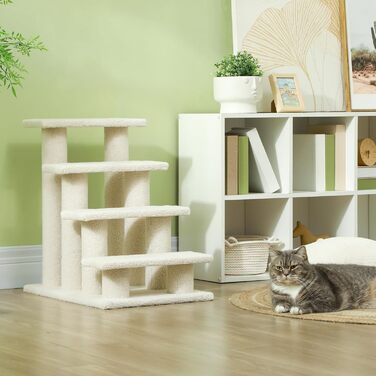 PawHut Pet Stairs Cat Stairs Dog Stairs Stairs for Cats and Dogs 4 Steps 63.5x43x60cm (Cream White)
