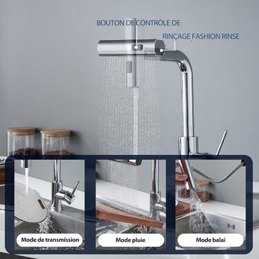 Змішувач для кухні BELZ з висувною лійкою, 3 режими, поворотний на 360°, з нержавіючої сталі SUS304, матовий хром