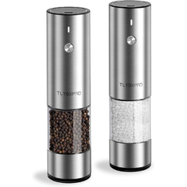 TLYSXPRO Electric Salt and Pepper Grinder Set of 2, USB Rechargeable, Adjustable Coarseness Spice Grinder, Electric Pepper Grinder with LED Light, Cleaning Brush, Kitchen Appliances, Stainless Steel
