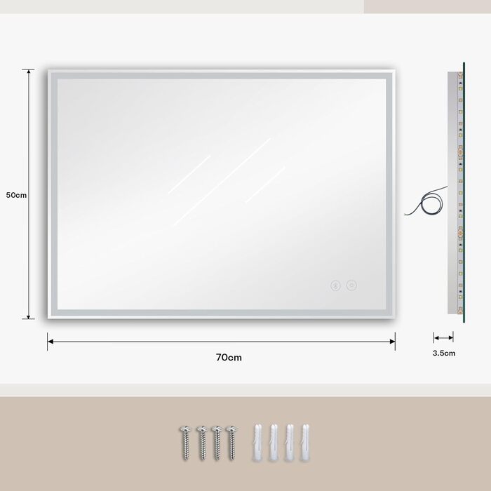 Дзеркало для ванної кімнати з LED-підсвічуванням Dripex, 50x70 см, сенсорне управління, протитуманне покриття, Bluetooth, розетка, 3 кольори світла