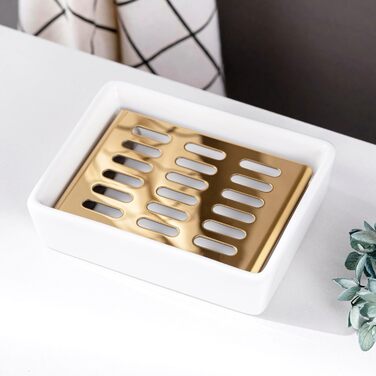 Керамічна мильниця з нержавіючої сталі, подвійна, з піддоном, для ванної кімнати та душу (11,8 x 8,8 x 3 см), золота