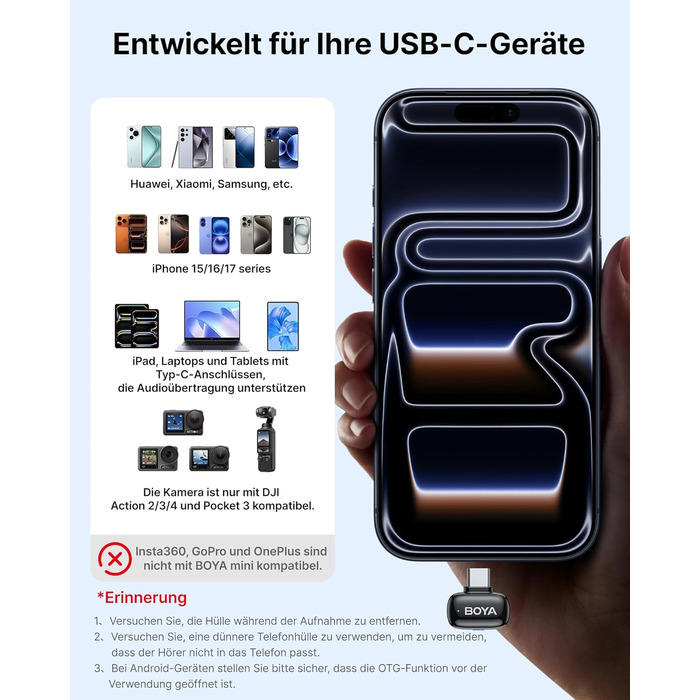 BOYA MINI 2 - Бездротовий мікрофон-лавал'єр для iPhone, Android, Vlogging, YouTube, Streaming. Чорний (2TX+1RX, Type-C)