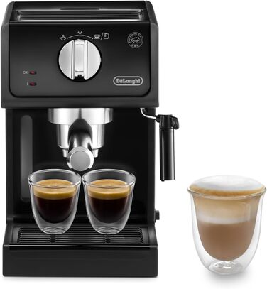 De'Longhi ECP 31.21 – Espresso Portafilter Machine, Espresso Machine with Aluminum Finish, including manual milk frother, with hot water function, suitable for ESE pods, 1.1 l water tank, black