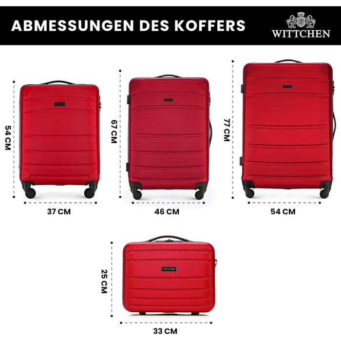 ЧемоданWITTCHEN Globe Line: Ручна поклажа, Trolley з ABS, 4 колеса, кодовий замок, телескопічна ручка, розмір S, підходить для Lufthansa/Eurowings/Ryanair/Condor/Discover Airlines (Набір з 4 шт., Червоний)