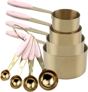 Cook with Color 8-Piece Gold Stainless Steel Measuring Cups and Spoons Set with Soft Silicone Handles, Nesting Liquid or Dry Measuring Cups