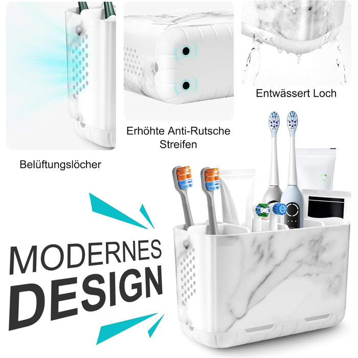 Тримач для зубних щіток електричних з отворами для стоку, дерев'яниста текстура, органайзер для зберігання зубних щіток на 4 щітки, легко чистити, для ванної кімнати (білий мармуровий малюнок, великий)