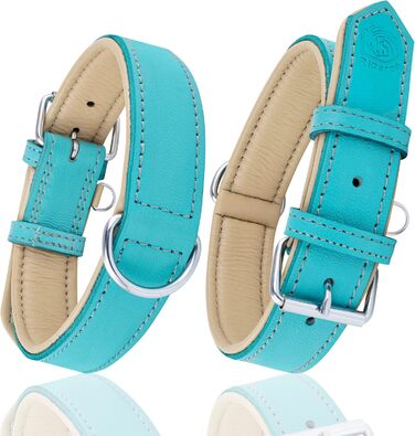 Riparo Genuine Leather Adjustable Dog Collar with Additional Reinforcement (: 4.5CM Wide for 53.4CM - 63.5CM Neck, ) (L, Aqua)