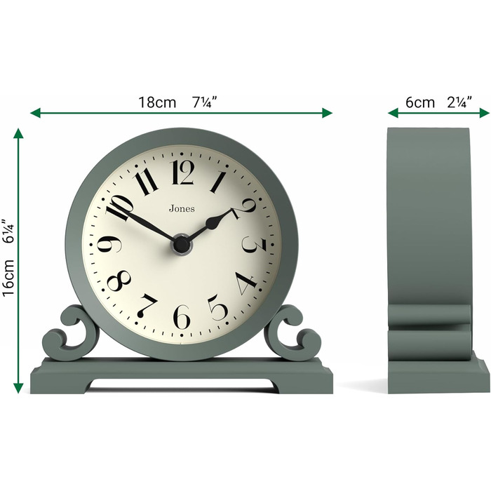 JONES CLOCKS® Saloon Table Clock | Traditional Double Scroll Design | Green | Contemporary classic style for desk, table, shelf, or bedside table