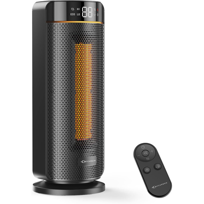 Обігрівач MYCARBON 43 см для ванної кімнати: тихий 32 дБ, 1900 Вт, ECO режим, таймер 12 год, осциляція, енергозберігаючий, PTC кераміка, пульт дистанційного керування, термостат, чорний